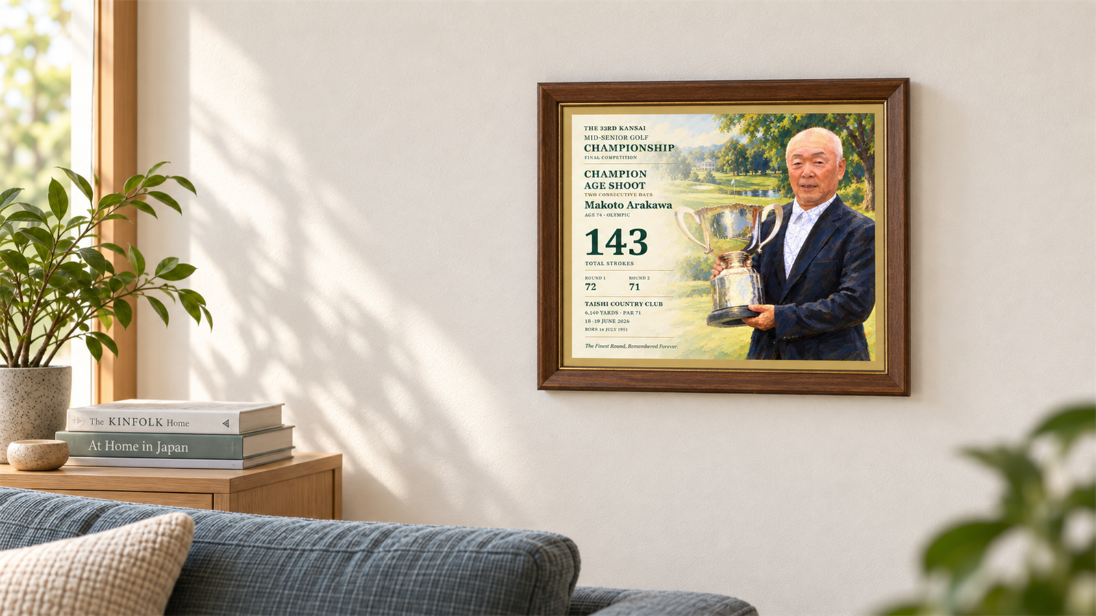荒川眞さんのエイジシュート記念アートをリビングに飾ったイメージ