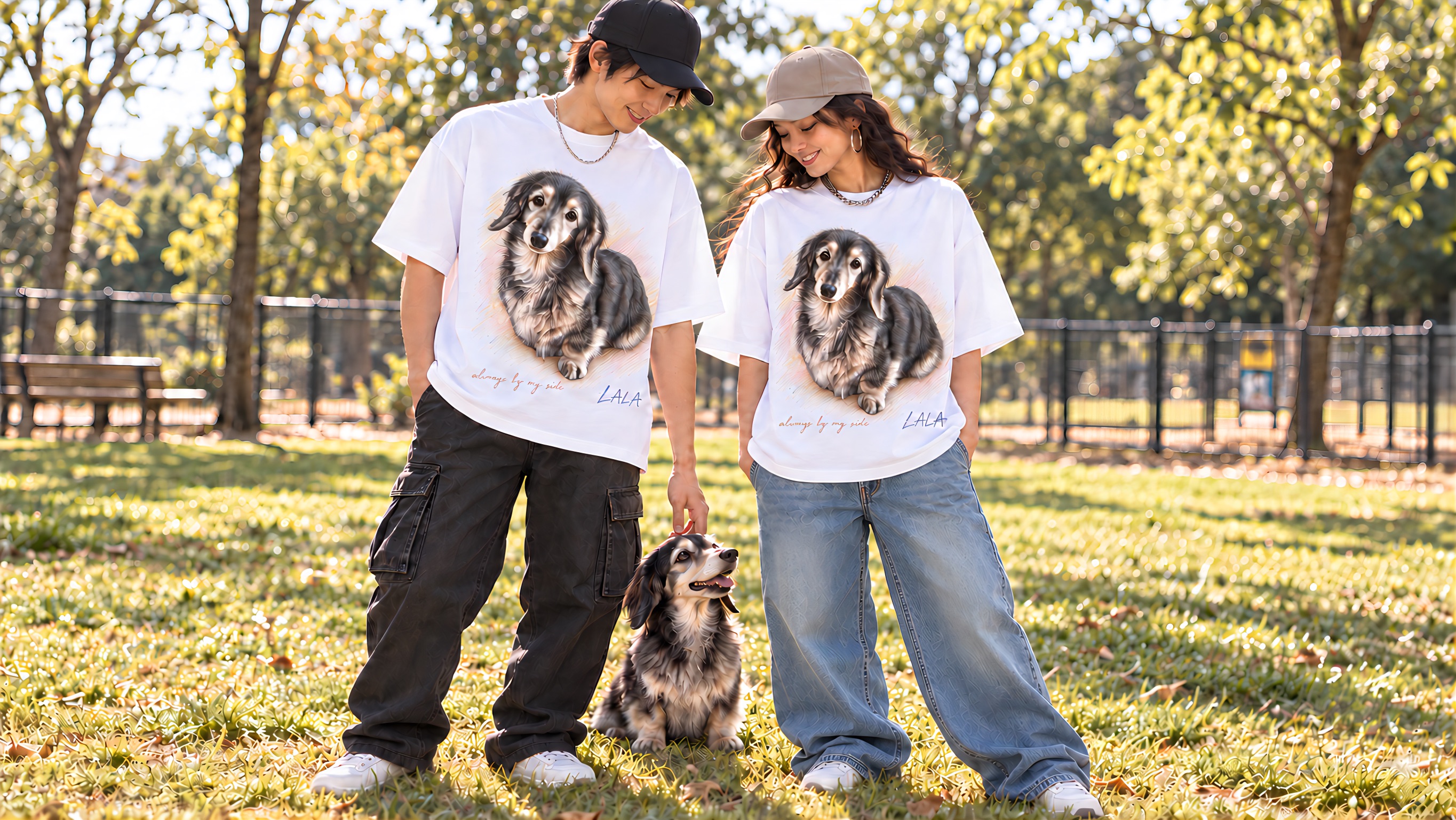 愛犬LALAの肖像画ビッグTシャツを着て公園で過ごす二人