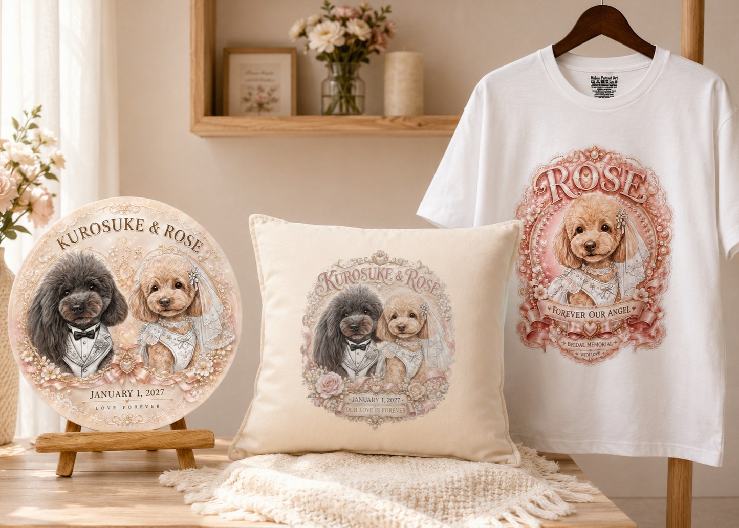 丸型キャンバス、Tシャツ、クッションのウェディングセット