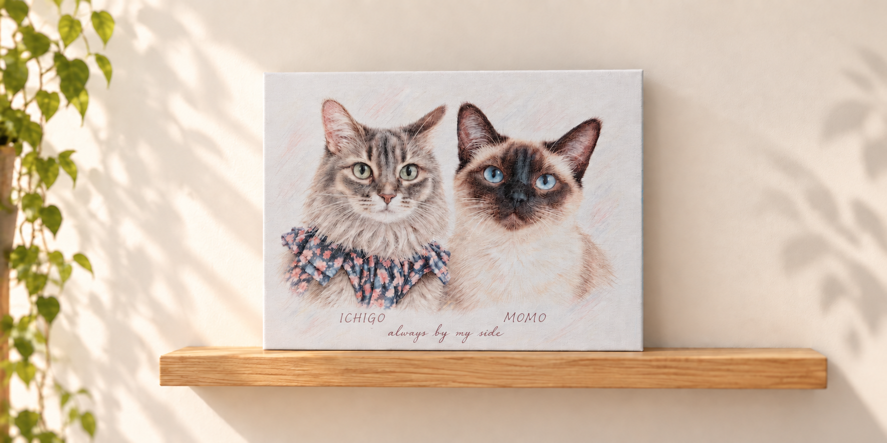 猫2匹を描いたキャンバス肖像画