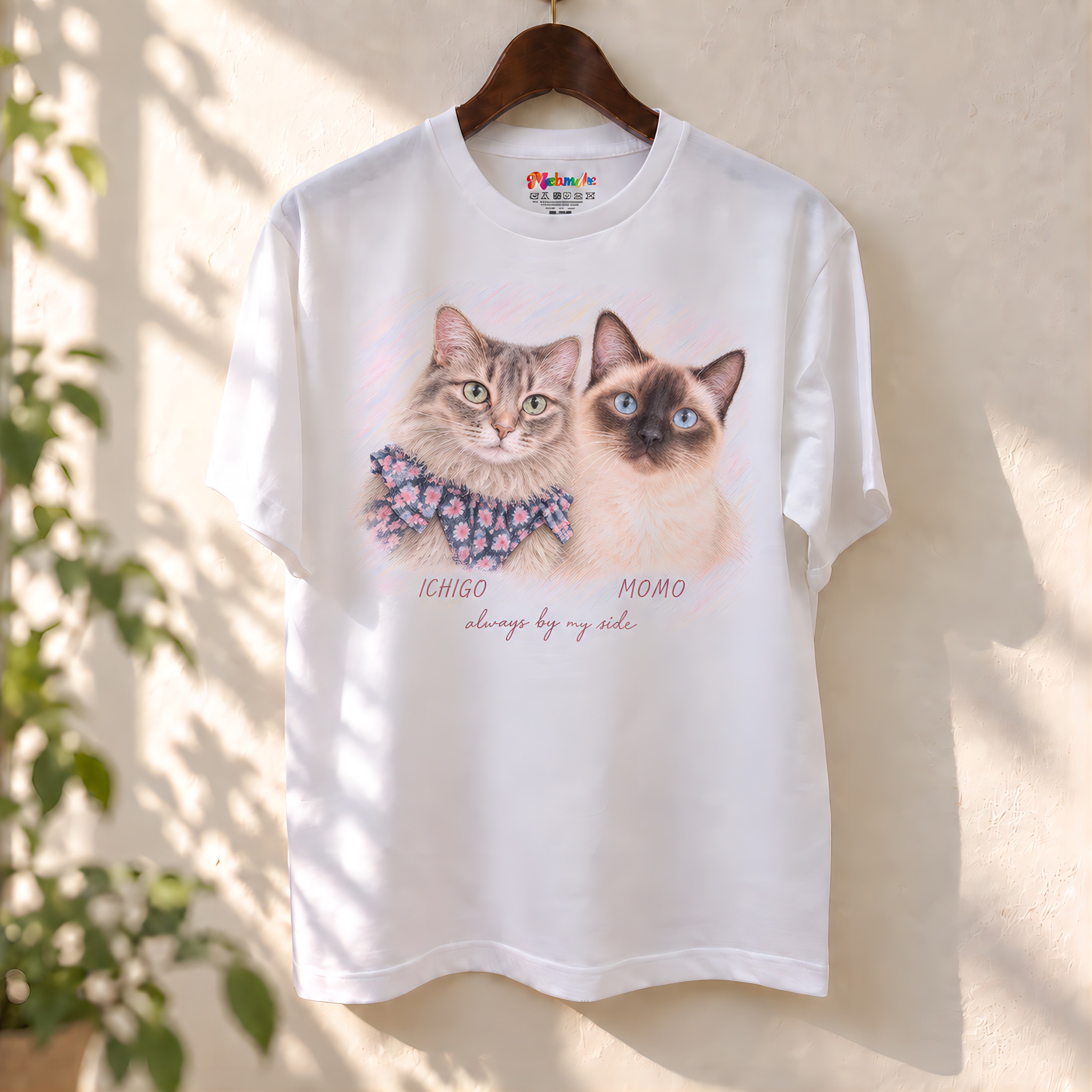 2頭の制作例：ICHIGOとMOMOの肖像画を前面にプリントしたTシャツ