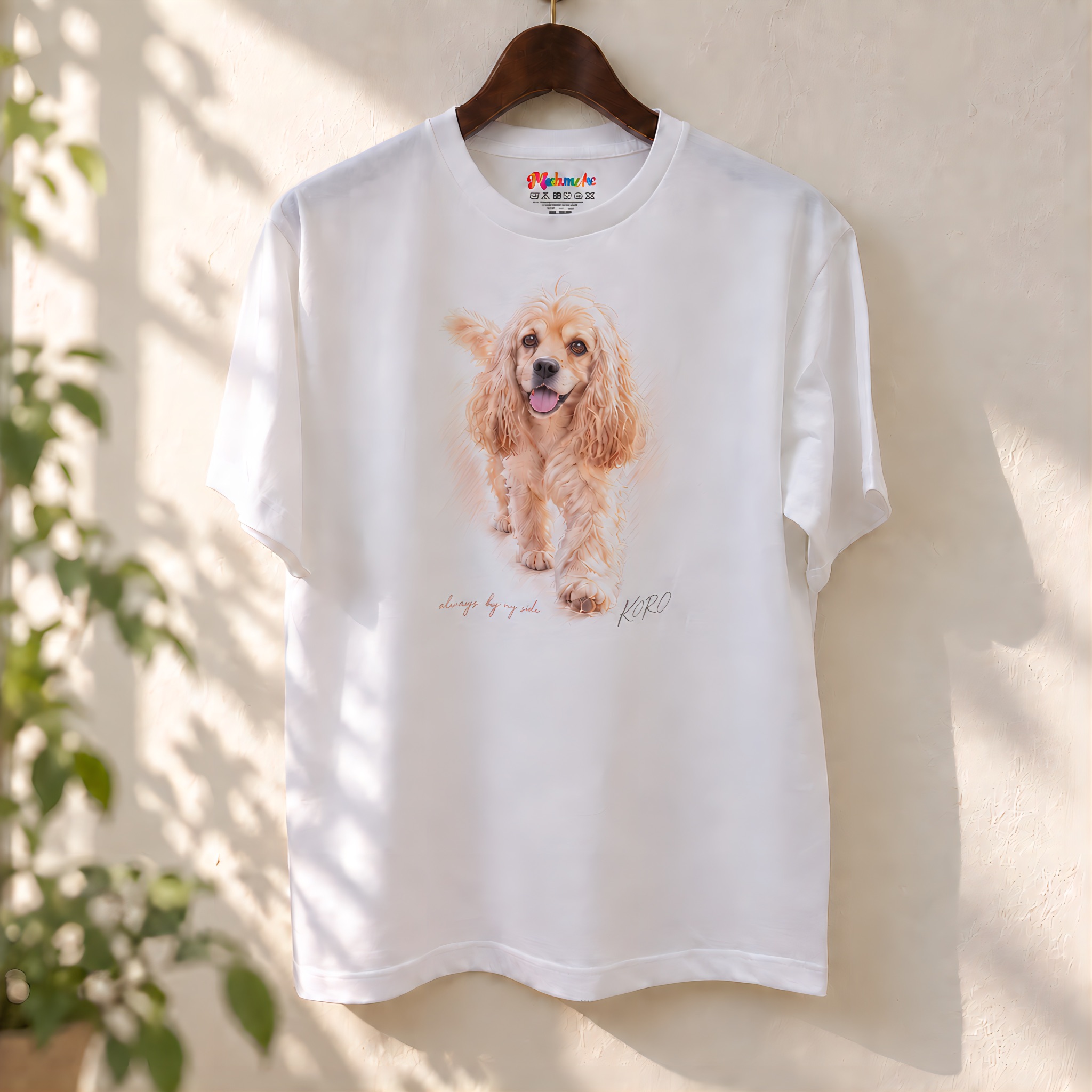 KOROの全身肖像画とお名前を前面にプリントした白いTシャツ