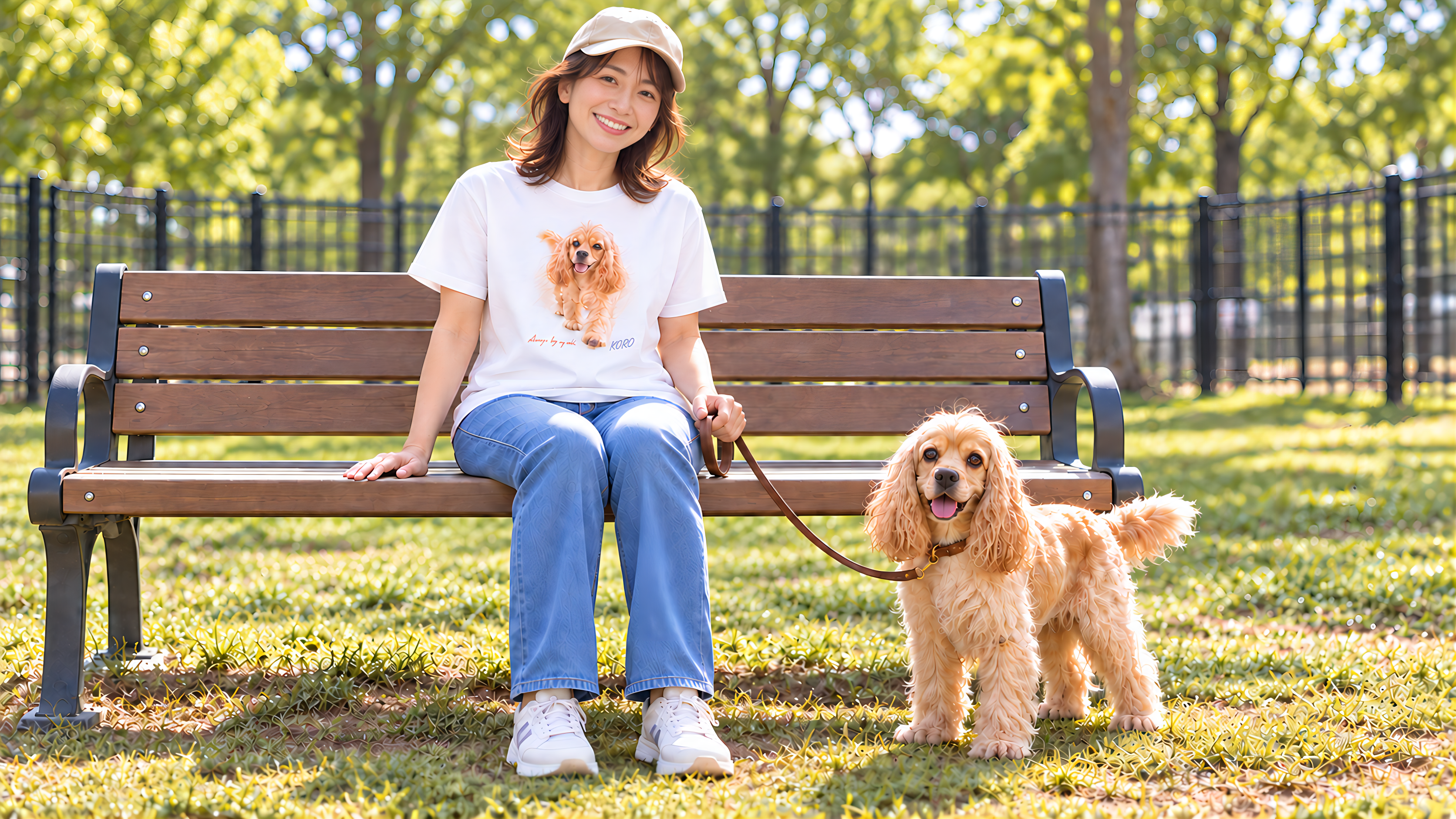 愛犬KOROの肖像画Tシャツを着て、一緒に公園で過ごす女性