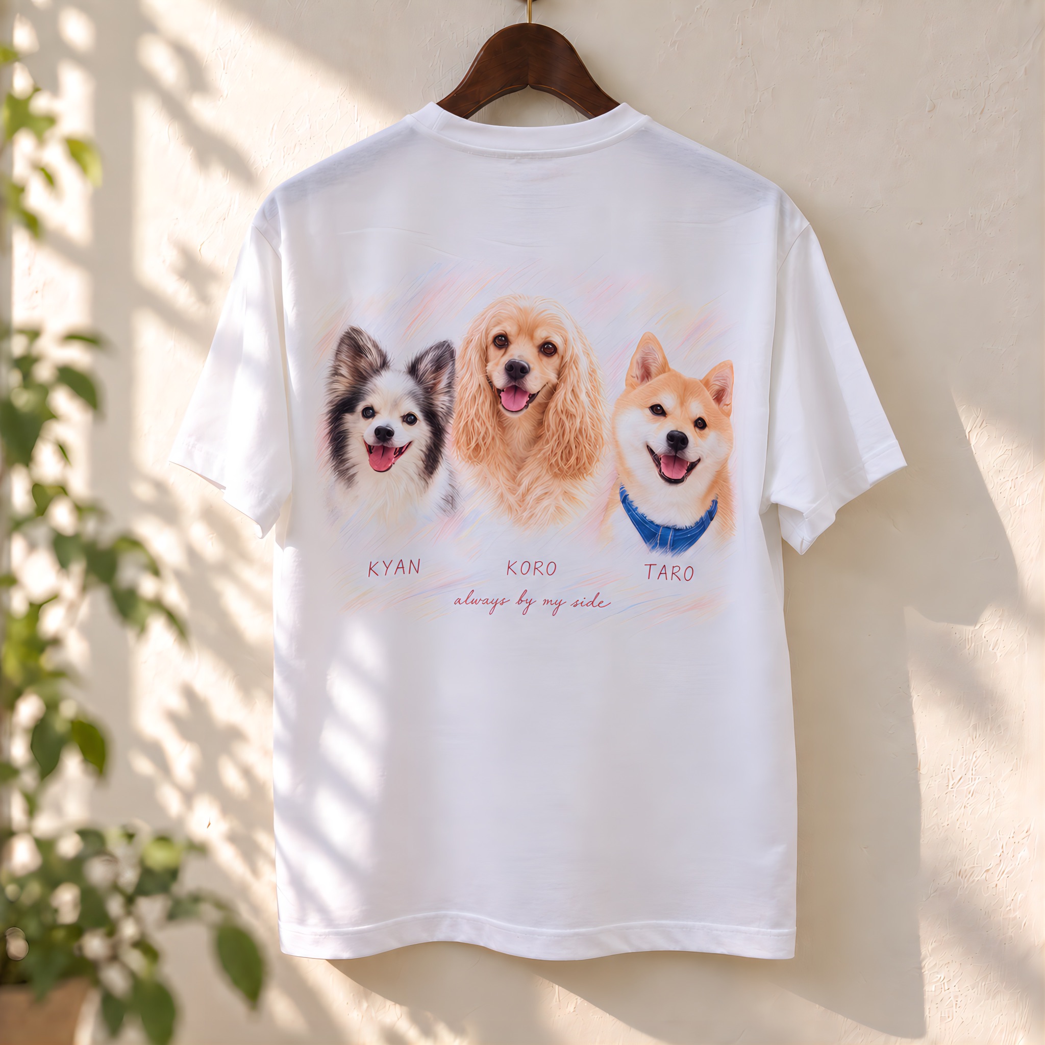3頭の制作例：KYAN、KORO、TAROの肖像画を背面にプリントしたTシャツ