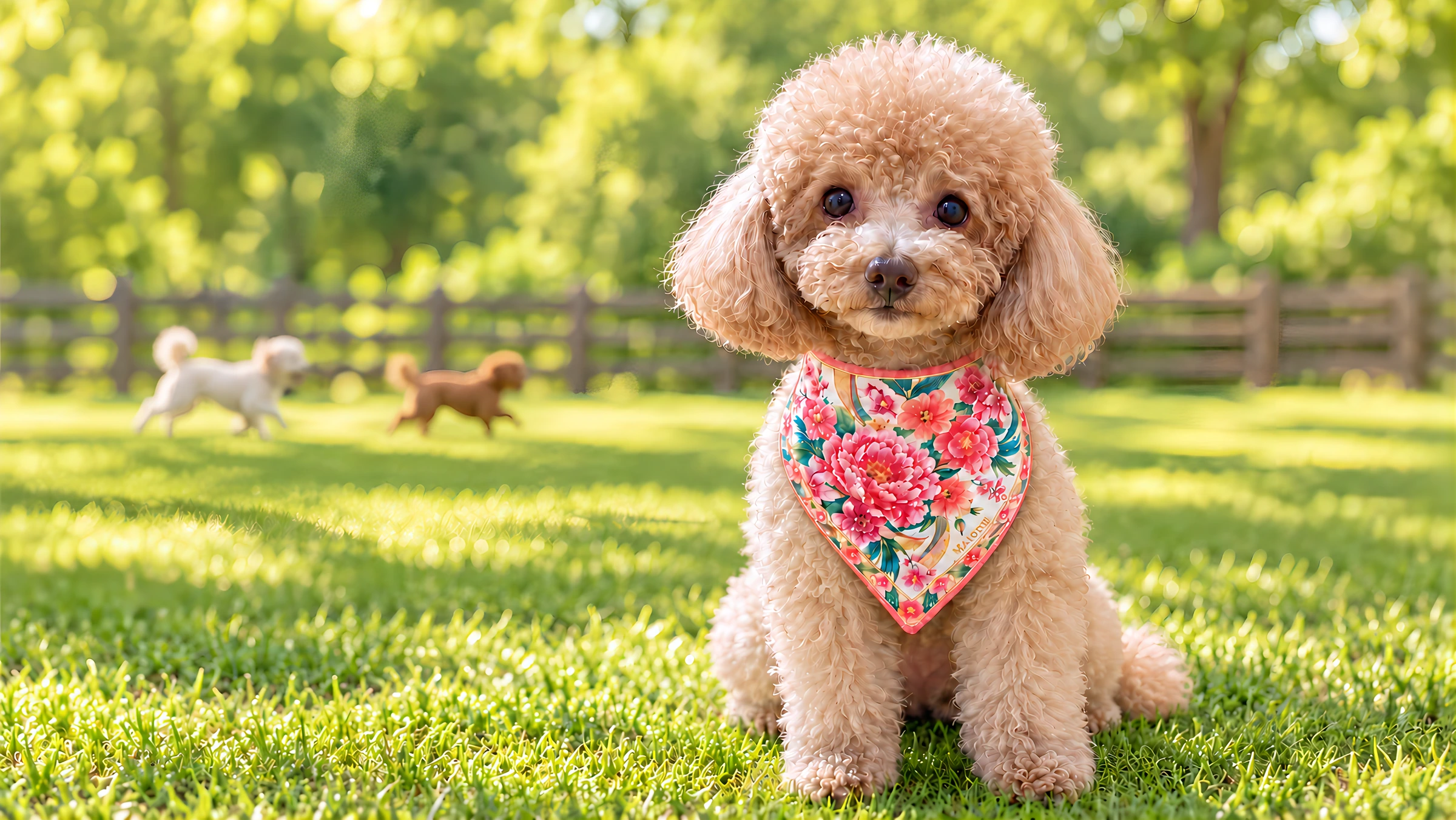日本製バンダナ風スカーフを着けた犬。MALUNEスカーフコレクション